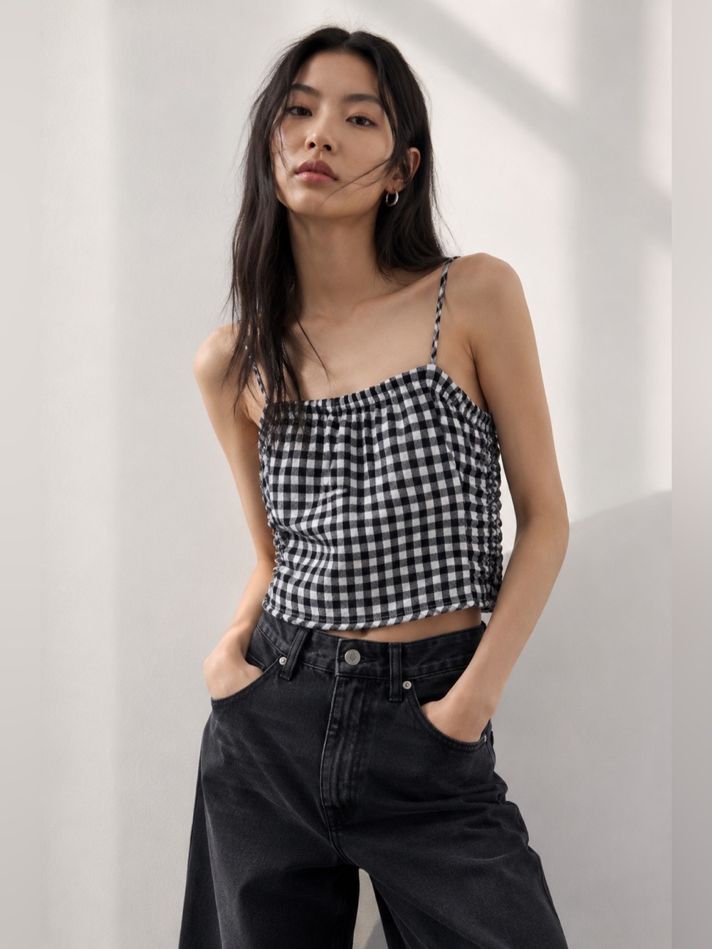 Black & White Gingham Cropped Cami Top – XS